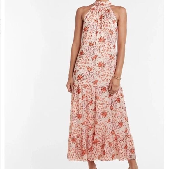 NWT Floral High Neck Tie Back Tiered Maxi Dress - Picture 1 of 14